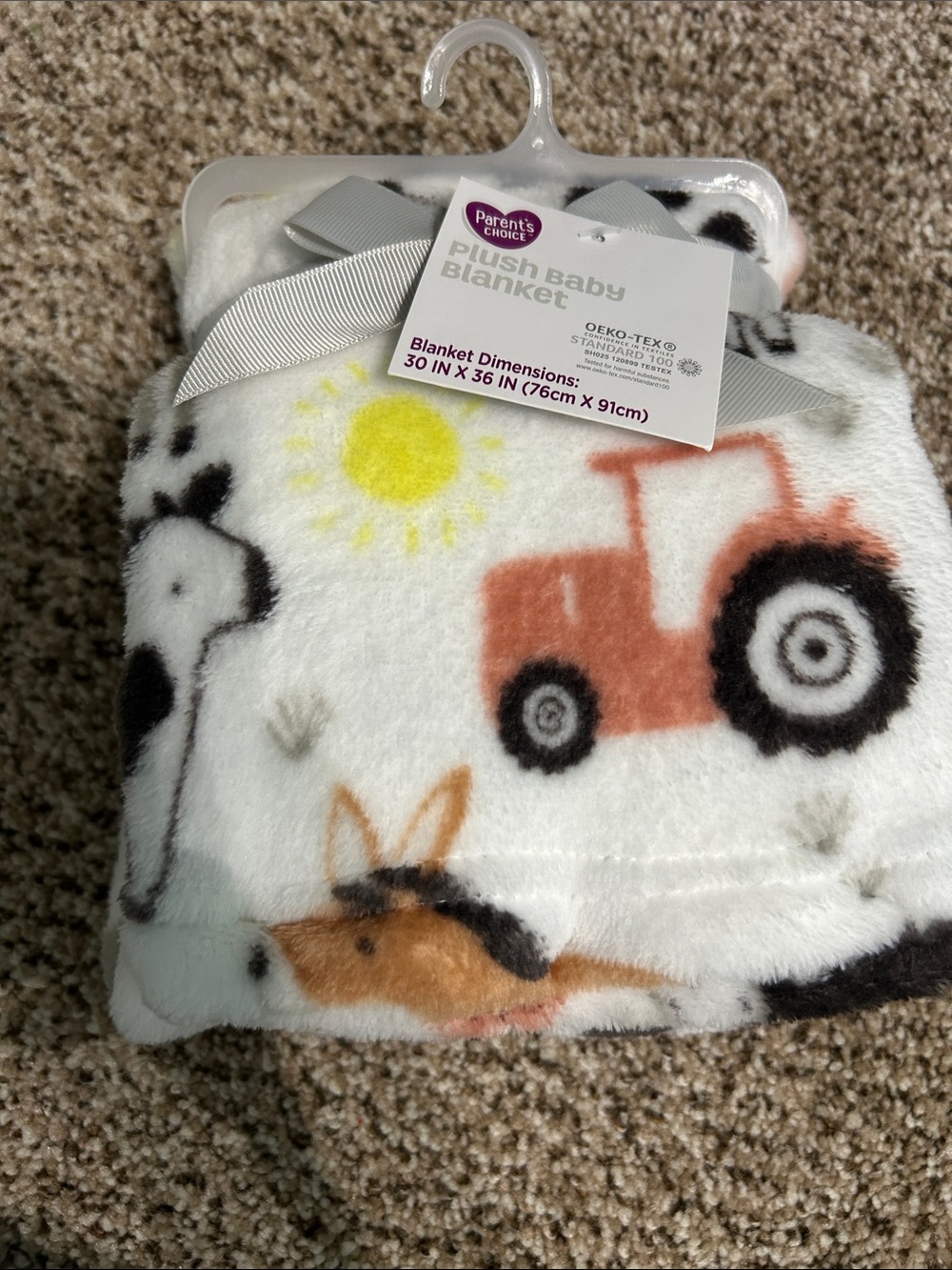 Parent's Choice Plush Baby Blanket - Farm Tractor Print in White/Orange/Yellow